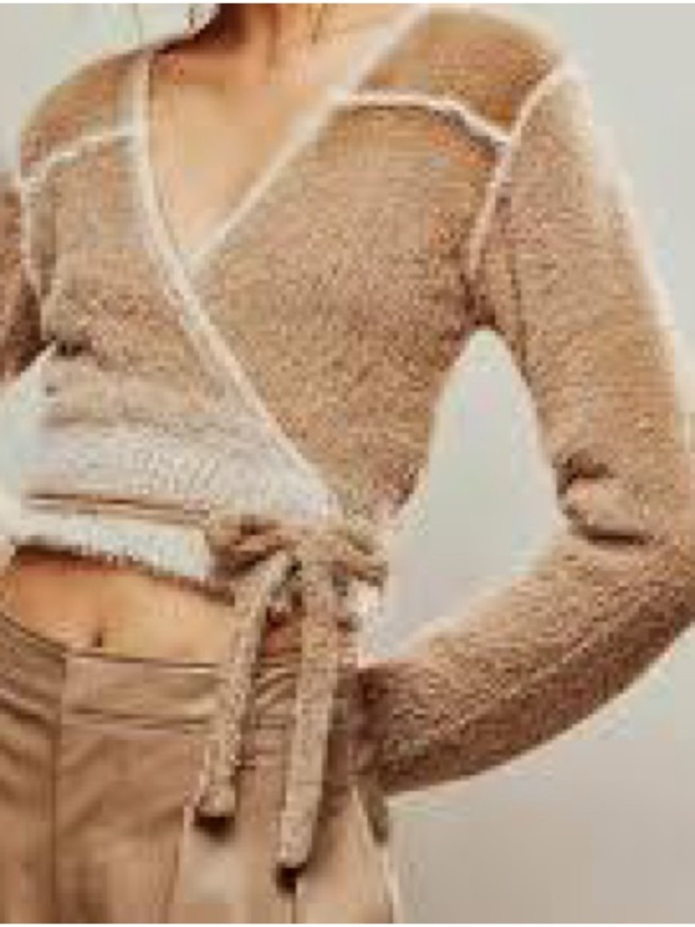 Free People Fuzzy Brown Wrap Cardigan Cropped with Contrast Trim